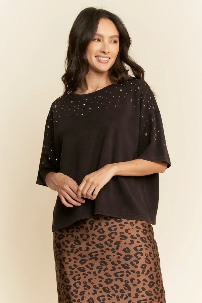 Embellished Knit Top – Boxy Fit Short Sleeve Tee with Mirror Studs