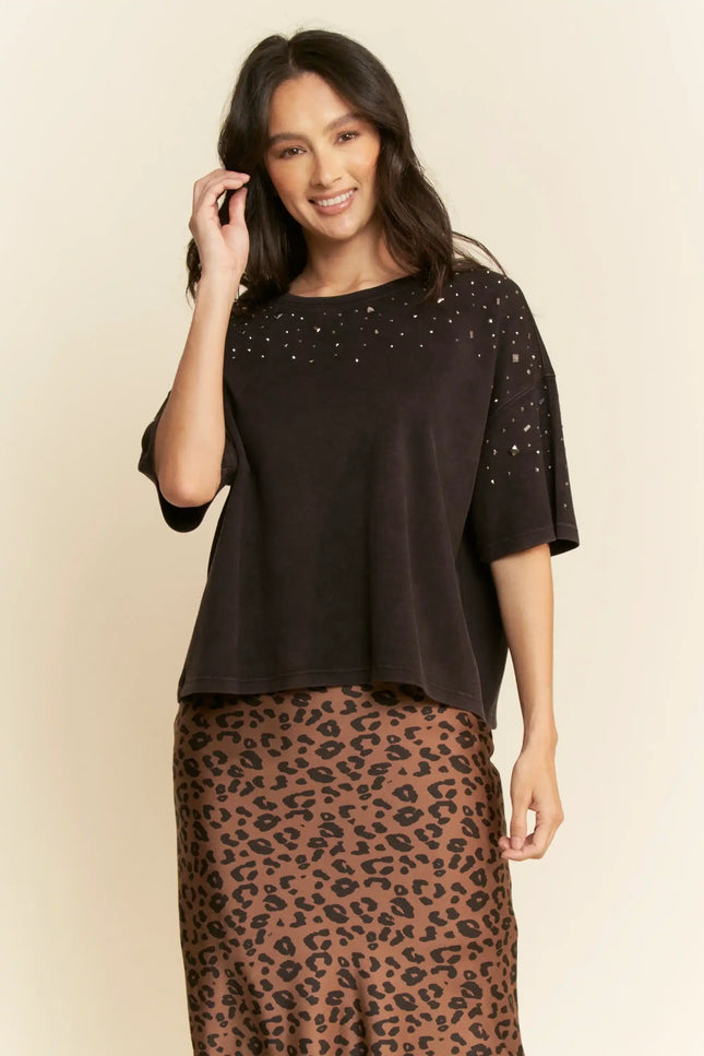 Embellished Knit Top – Boxy Fit Short Sleeve Tee with Mirror Studs