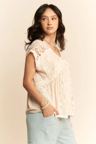 Lace Babydoll Top with Daisy Embroidery & Crochet Trim