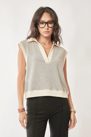 Collared Stripe Knit Sleeveless Top