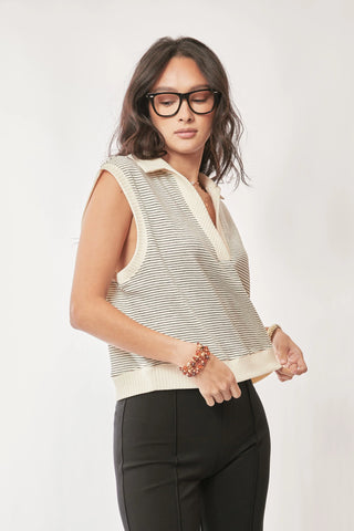 Collared Stripe Knit Sleeveless Top