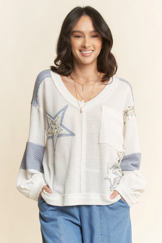 Star Patchwork Waffle Knit Pullover