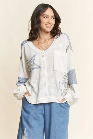 Star Patchwork Waffle Knit Pullover