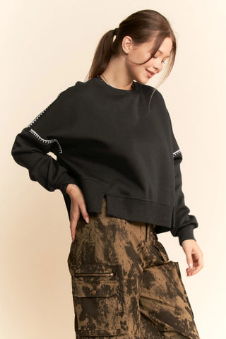 Contrast Stitch Pullover Sweatshirt – Crewneck Drop Shoulder Relaxed Fit