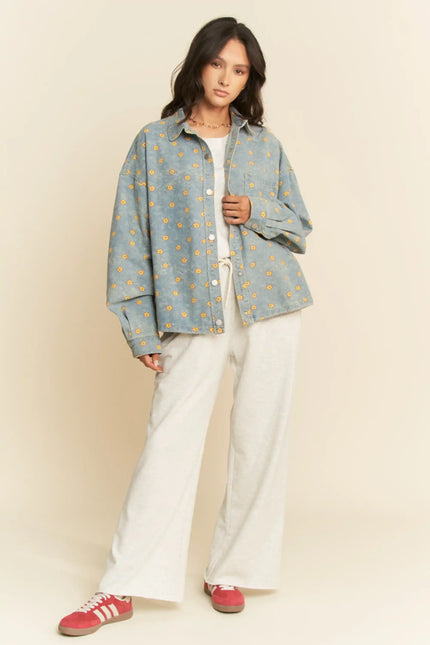 Floral Print Snap Button Shacket – Oversized Casual Shirt Jacket