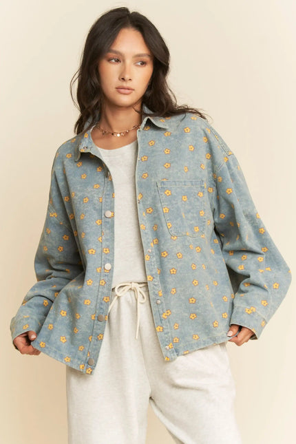 Floral Print Snap Button Shacket – Oversized Casual Shirt Jacket