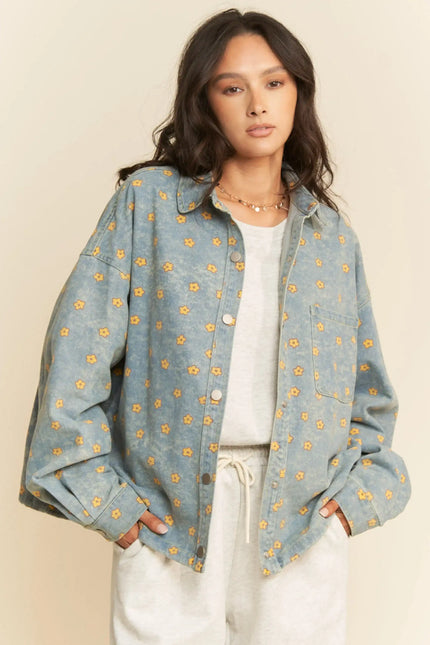 Floral Print Snap Button Shacket – Oversized Casual Shirt Jacket