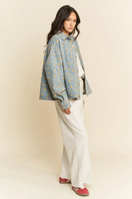 Floral Print Snap Button Shacket – Oversized Casual Shirt Jacket