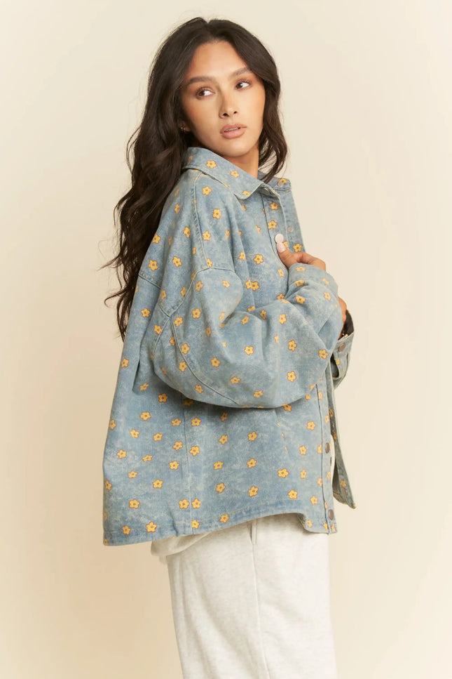 Floral Print Snap Button Shacket – Oversized Casual Shirt Jacket