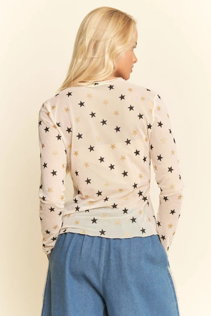 Star Print Mesh Long Sleeve Top