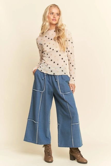 Star Print Mesh Long Sleeve Top