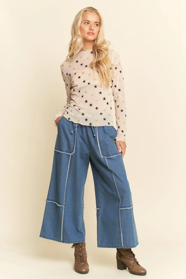 Star Print Mesh Long Sleeve Top