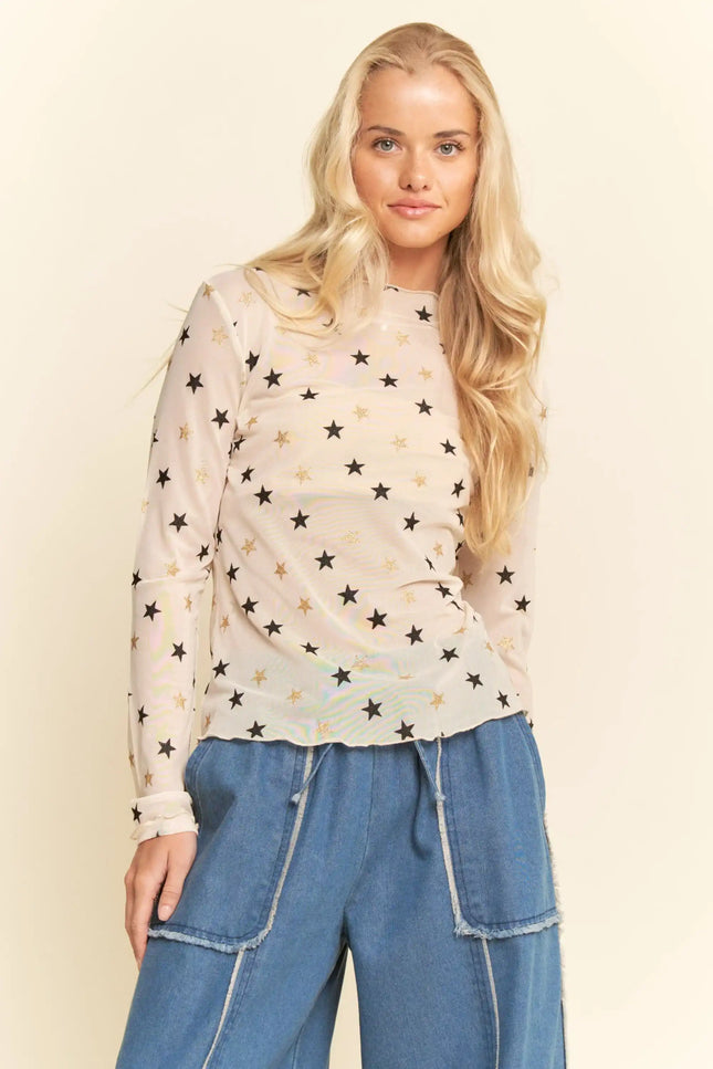 Star Print Mesh Long Sleeve Top