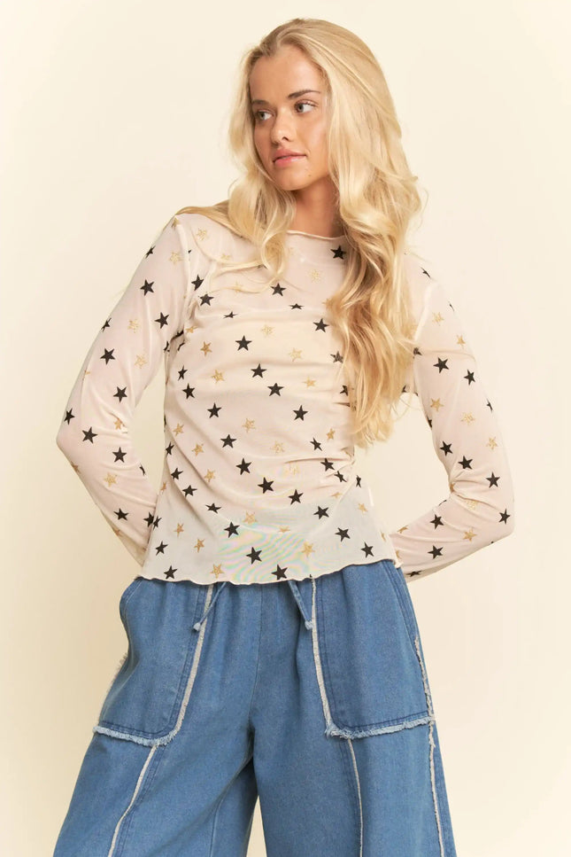 Star Print Mesh Long Sleeve Top