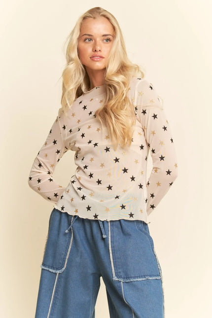 Star Print Mesh Long Sleeve Top