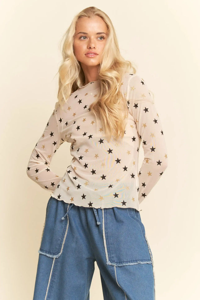 Star Print Mesh Long Sleeve Top