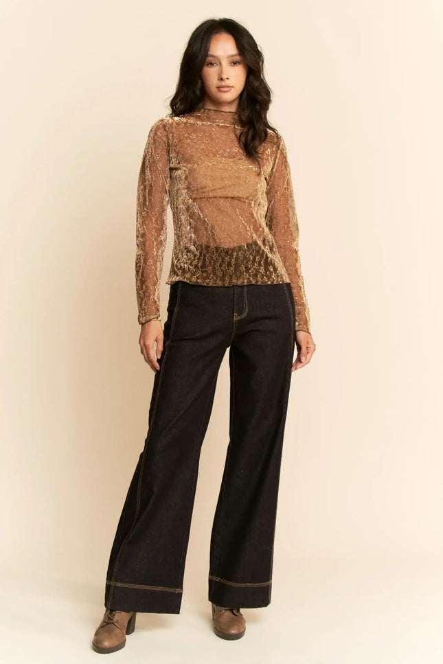 Glitter Burnout Long Sleeve Mesh Top