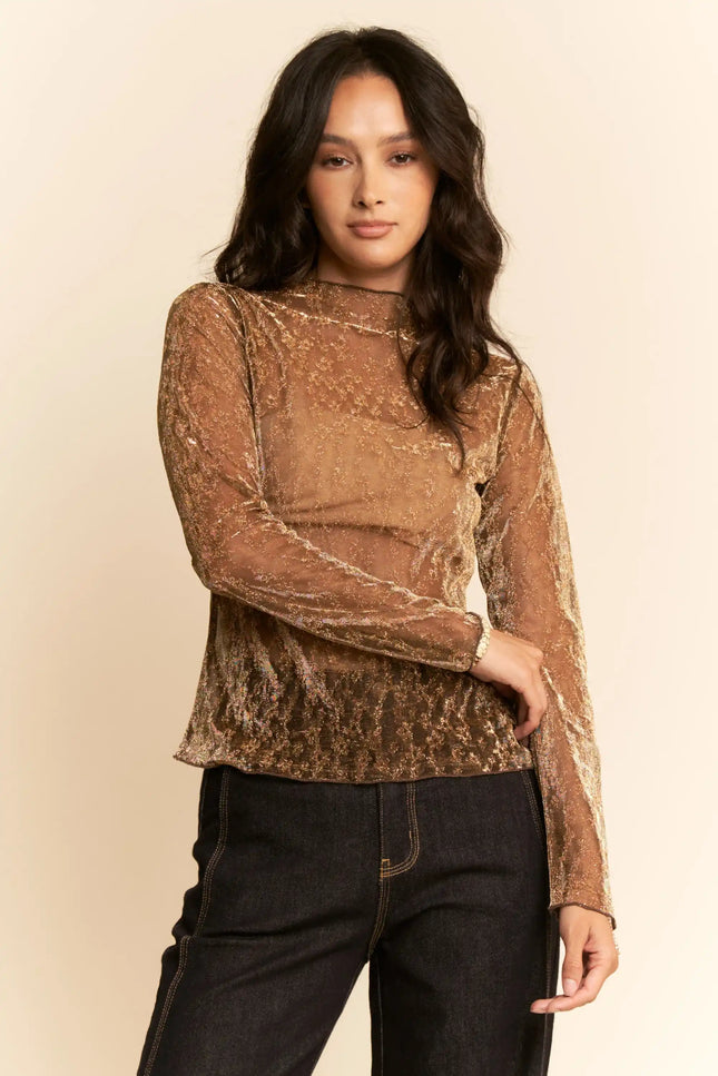 Glitter Burnout Long Sleeve Mesh Top