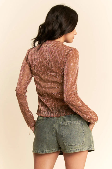 Glitter Burnout Long Sleeve Mesh Top