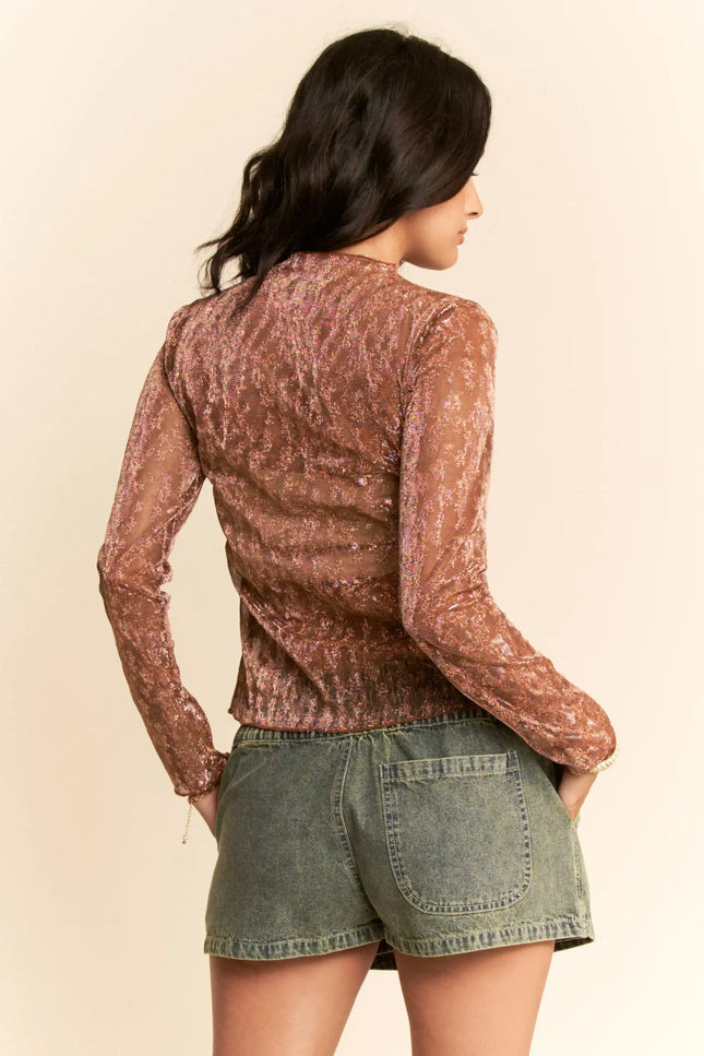 Glitter Burnout Long Sleeve Mesh Top