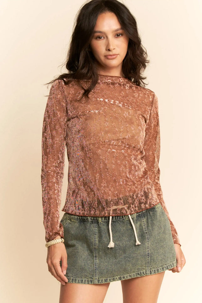 Glitter Burnout Long Sleeve Mesh Top