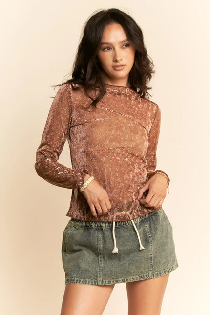 Glitter Burnout Long Sleeve Mesh Top
