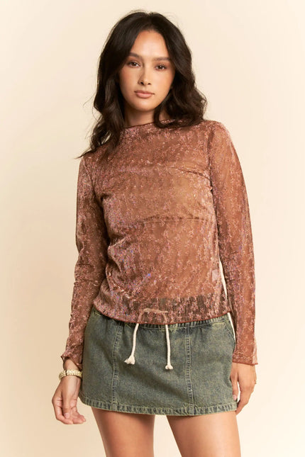Glitter Burnout Long Sleeve Mesh Top