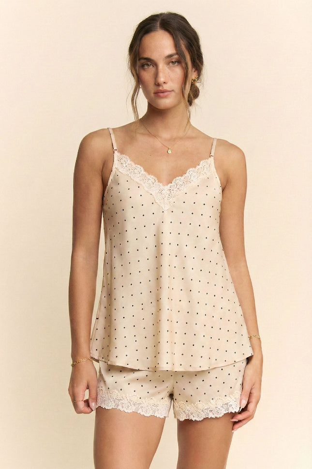 Eclaire Lace Top — Taupe/Black Dots front