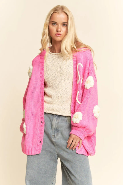 Smile Cardigan - Chunky Knit Cardigan with 3D Daisy Flowers