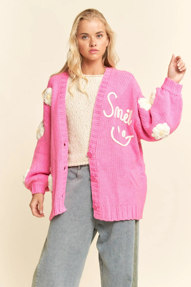 Smile Cardigan - Chunky Knit Cardigan with 3D Daisy Flowers