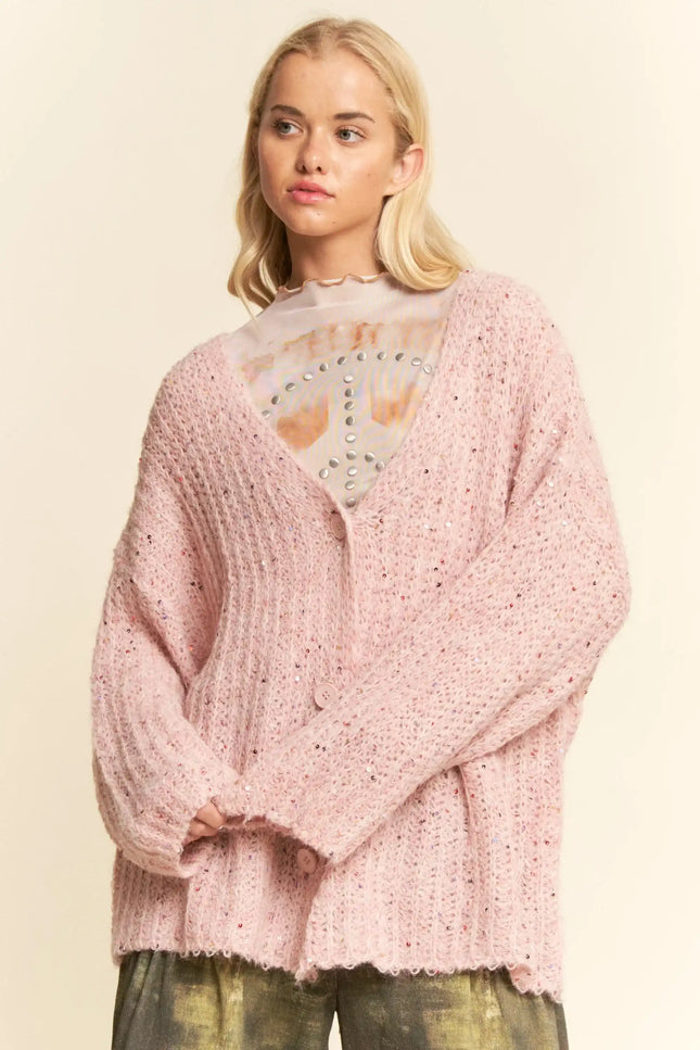 Sequin Speckle Knit Button-Up Cardigan