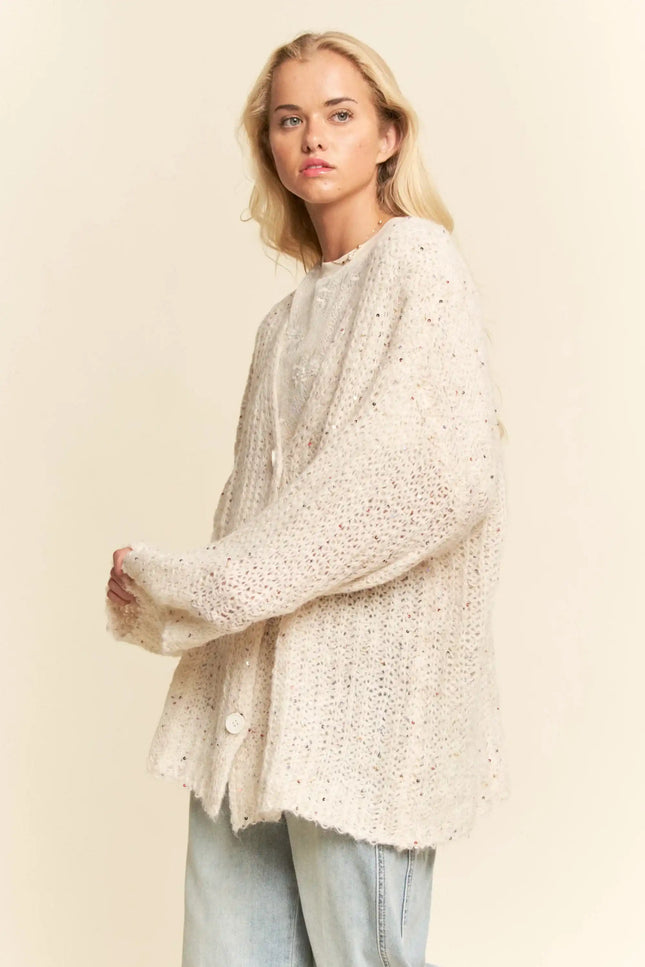 Sequin Speckle Knit Button-Up Cardigan