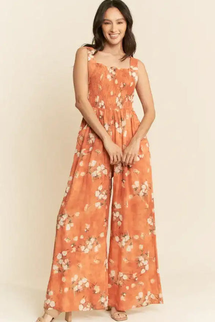 Floral Smocked Jumpsuit – Wide Leg Strappy One Piece with Pockets