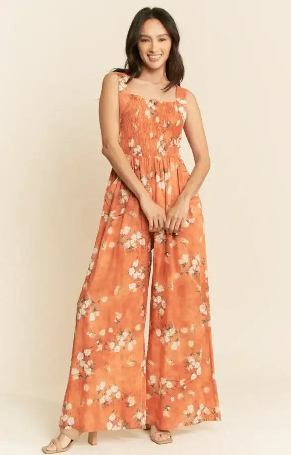 Floral Smocked Jumpsuit – Wide Leg Strappy One Piece with Pockets