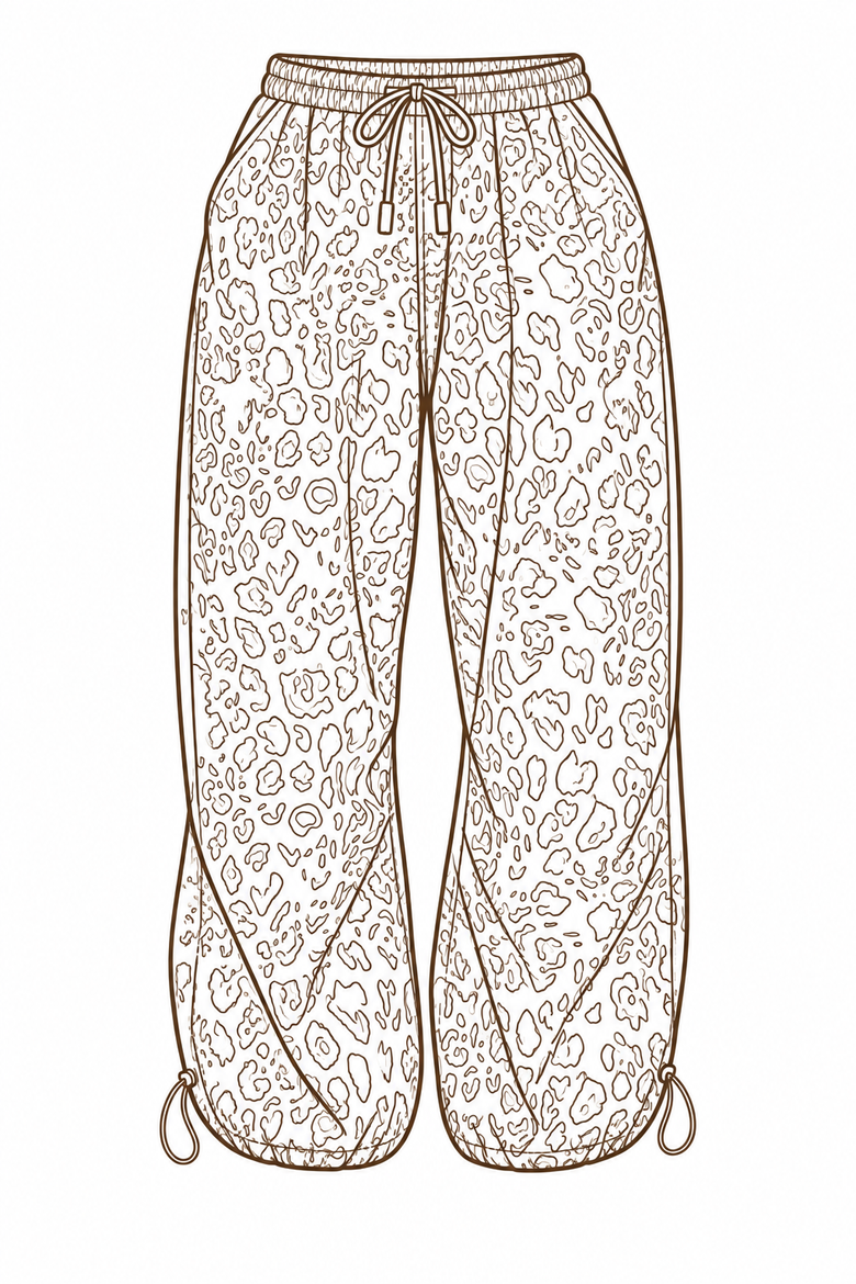 Peony leopard-print pants with a drawstring elastic waist, roomy legs, and adjustable drawcord hems.
